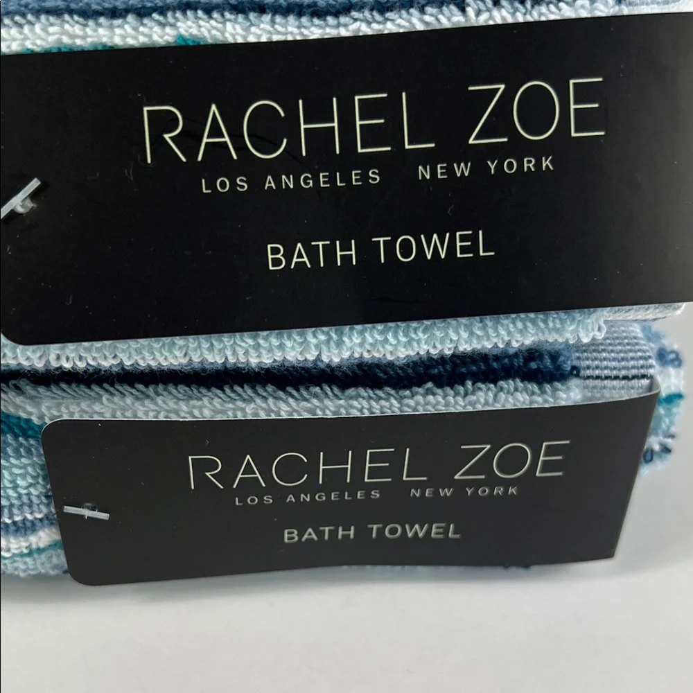 2pc Rachel Zoe Bath Towels Blue Teal White Striped Soft 100% Cotton NEW